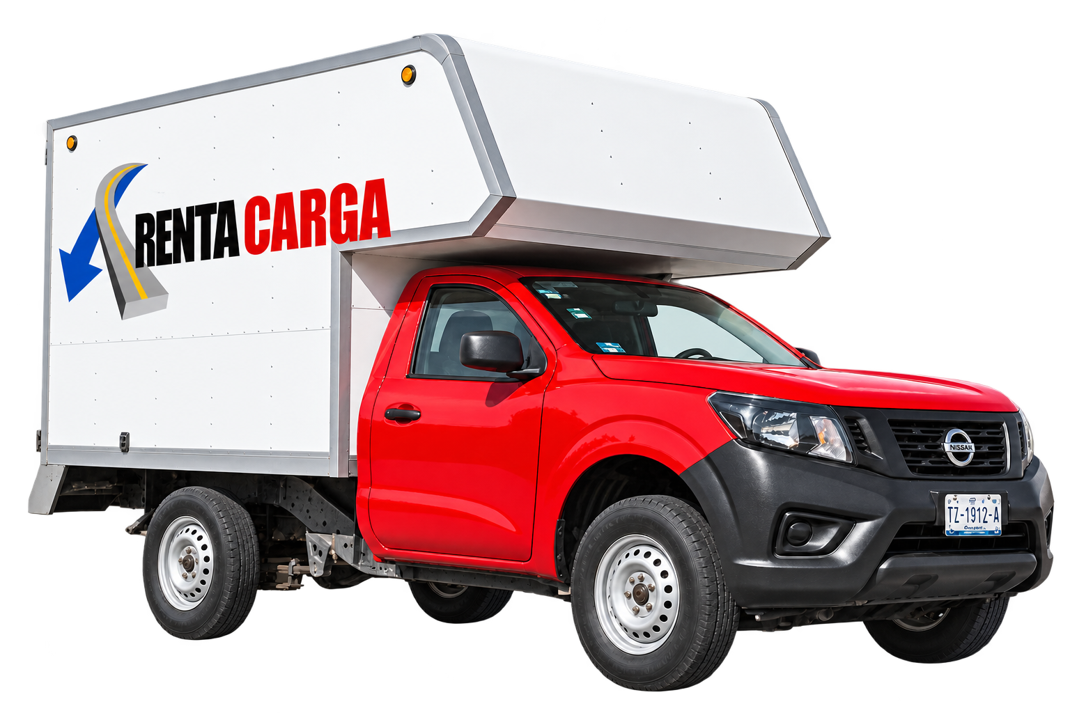 Camioneta Nissan roja de caja seca blanca con el logo de Renta Carga